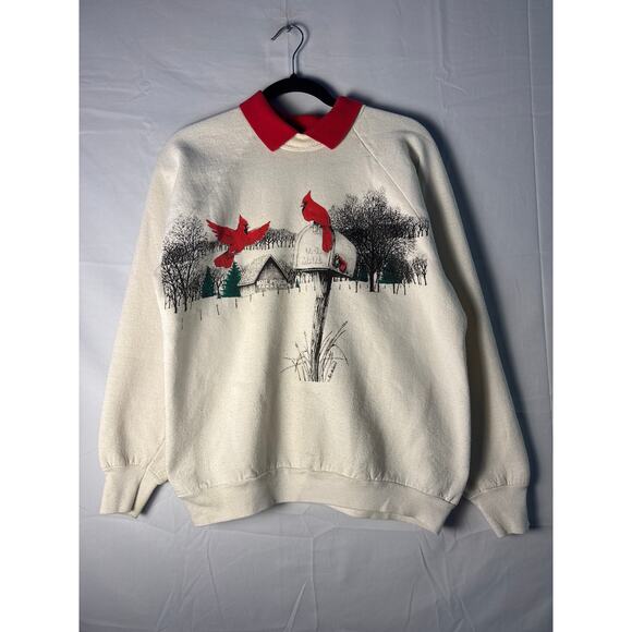 Vintage US Mail Tobacco Barn Christmas Cardinal Crewneck w/ Red Collar Medium - Picture 1 of 4